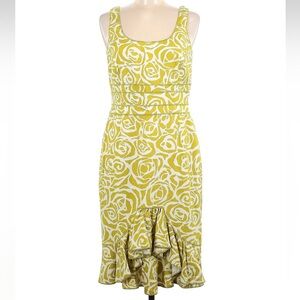 Vintage Carlisle Yellow & White 100% Silk Floral Roses Ruffled Dress Size 6 S
